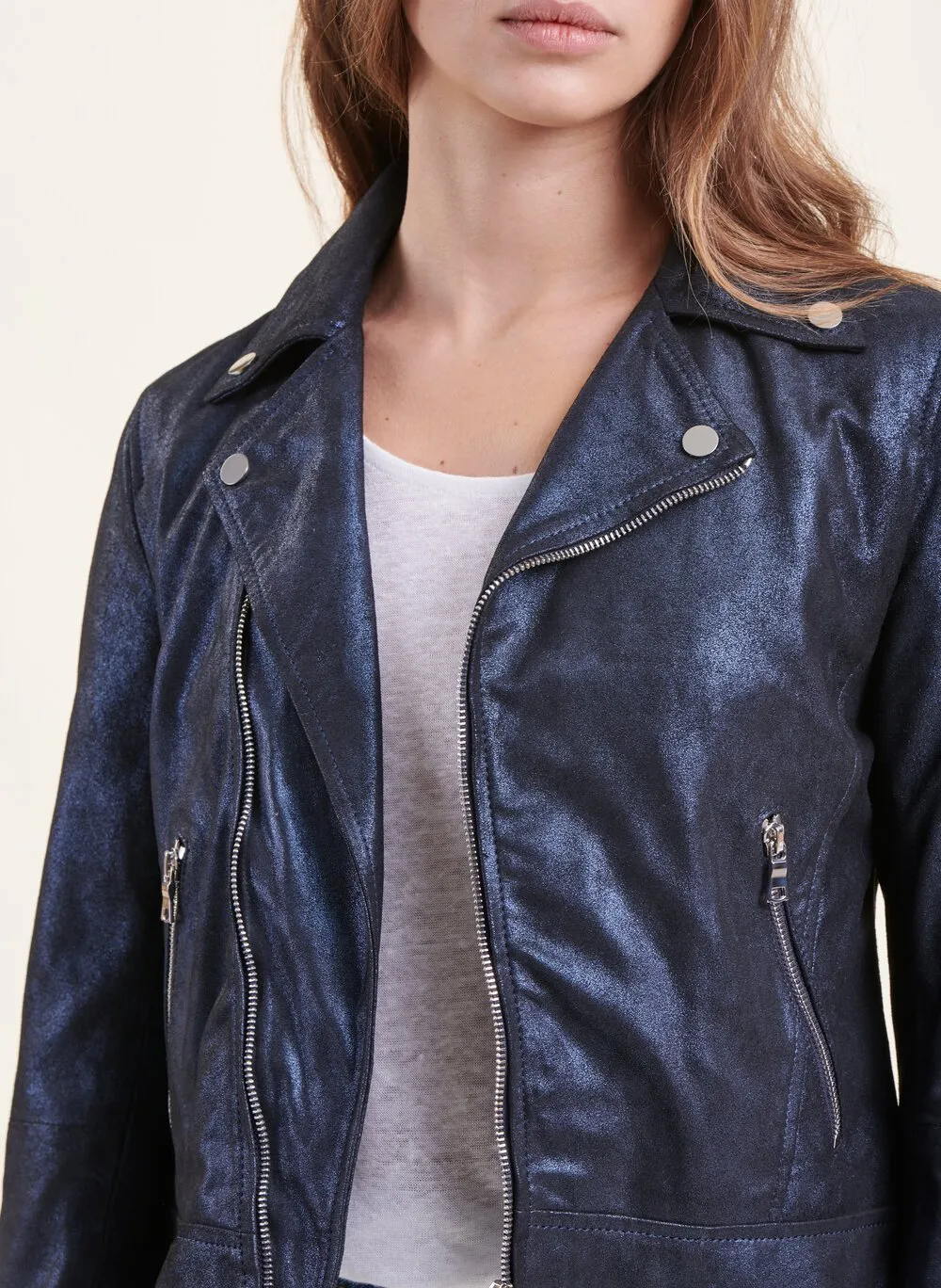 LA FEE MARABOUTEE Chaqueta de cuero con cuello de solapa en azul