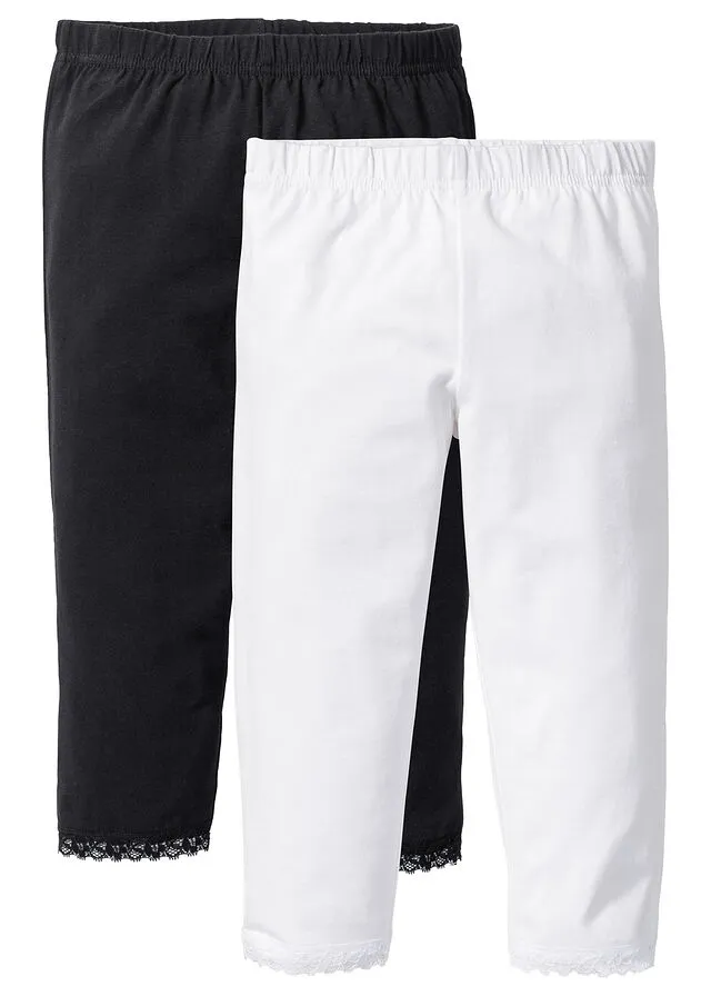 Leggings capri con dobladillo de encaje para niñas (2 unidades) Blanco-negro